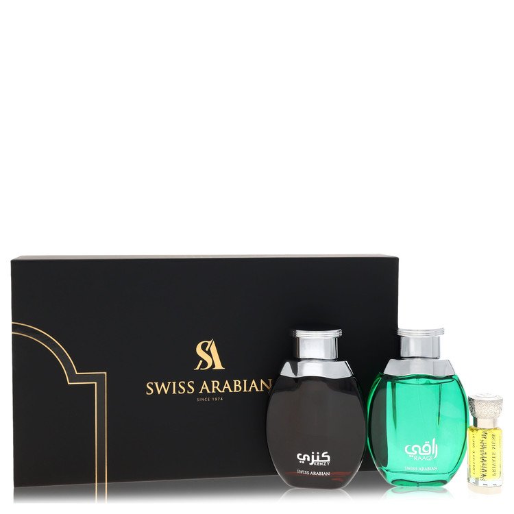 Kenzy Gift Set - 2 x 3.4 oz Eau De Parfum in Raaqi & Kenzy + .4 oz Concentrated Perfume Oil in Private Musk By Swiss Arabian