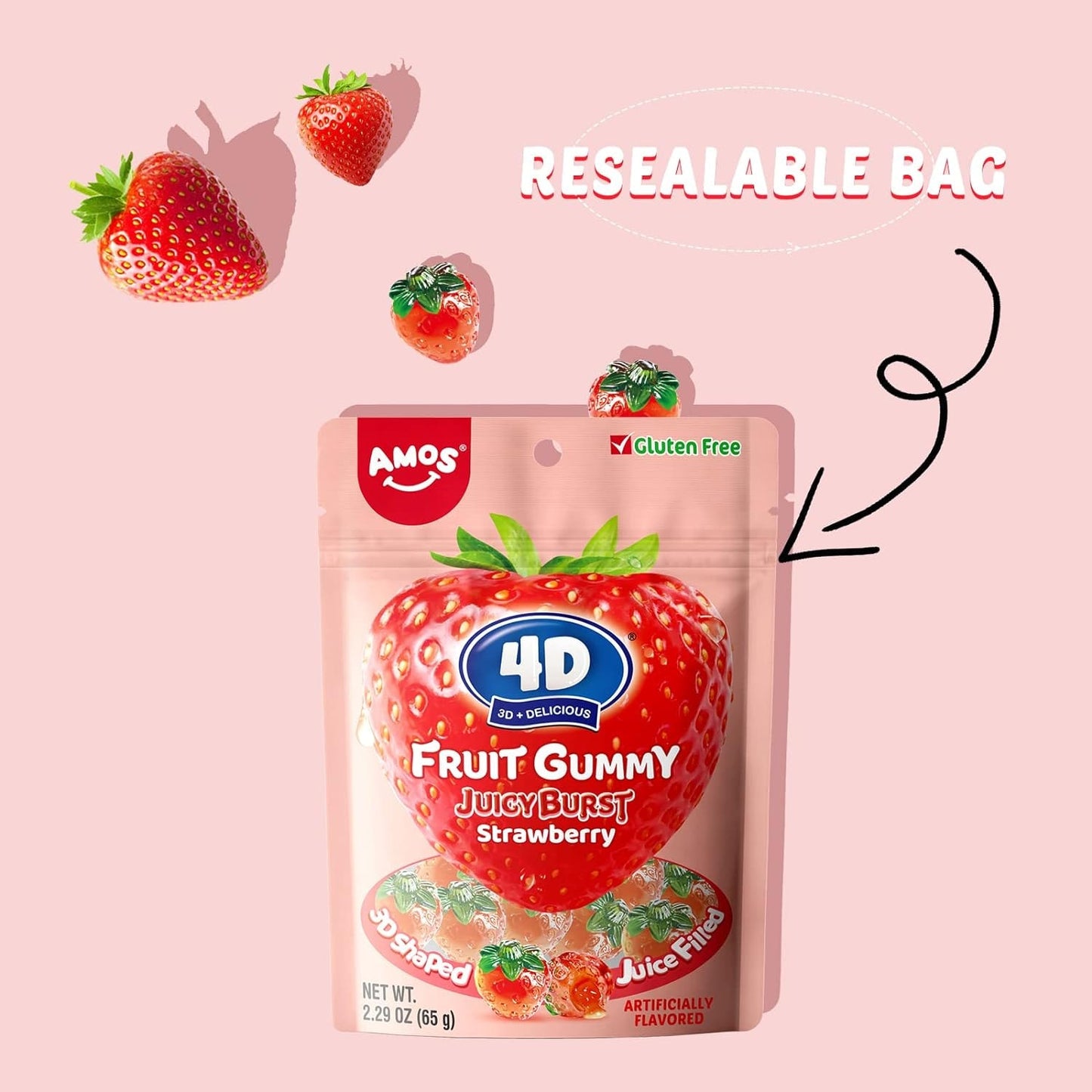 Amos 4D Gummy Strawberry Candy Fruit Snacks Gummies Soft and Chewy Cupcake Topper 2.29Oz Per Bag