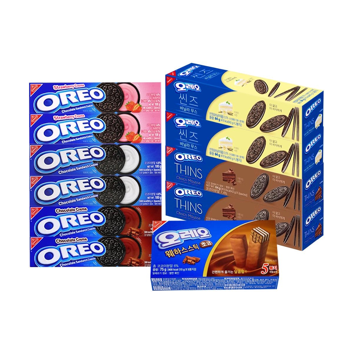 11pcs Oreo Chocolate Sandwich Cookies, Strawberry/ Chocolate/ Original3.42oz*6,Chocolate /Vanilla Thin Mousse *4,Wafer