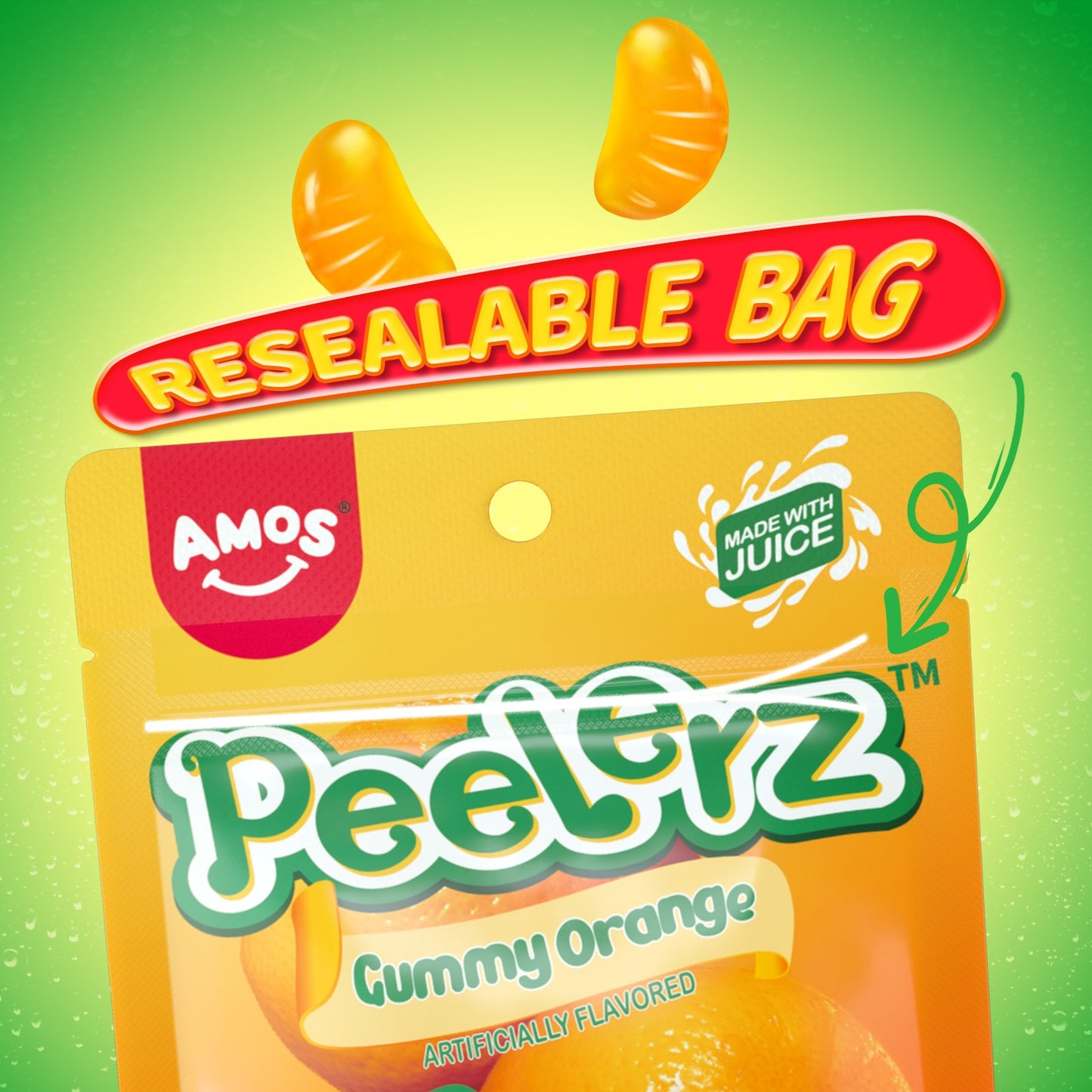 Amos 4D Gummy Peelable Orange Candy Peelerz Gummy Orange Fruit Snacks Resealable 2.19oz Bag