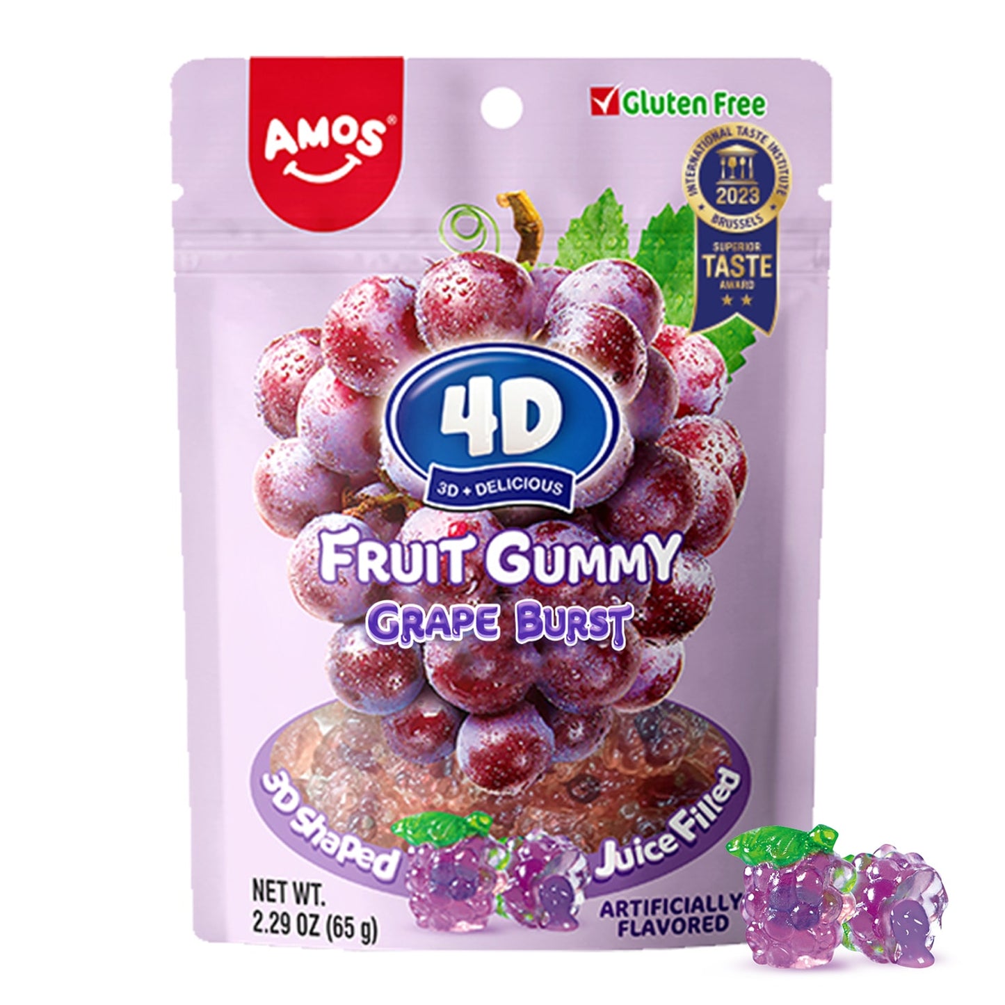 Amos 4D Gummy Fruit Filled Candy Fruit Snacks Peach Flavor Soft and Chewy Gluten Free 2.29Oz Per Bag