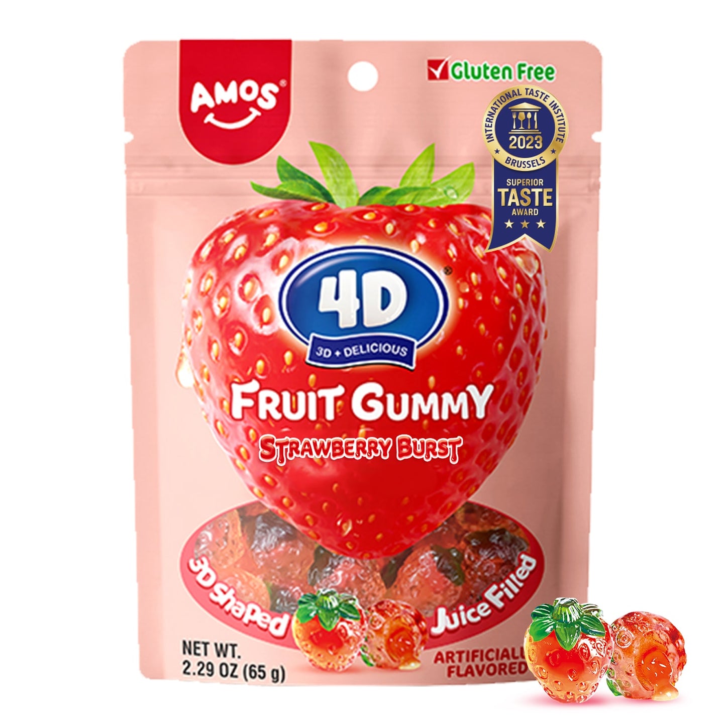 Amos 4D Gummy Fruit Filled Candy Fruit Snacks Peach Flavor Soft and Chewy Gluten Free 2.29Oz Per Bag