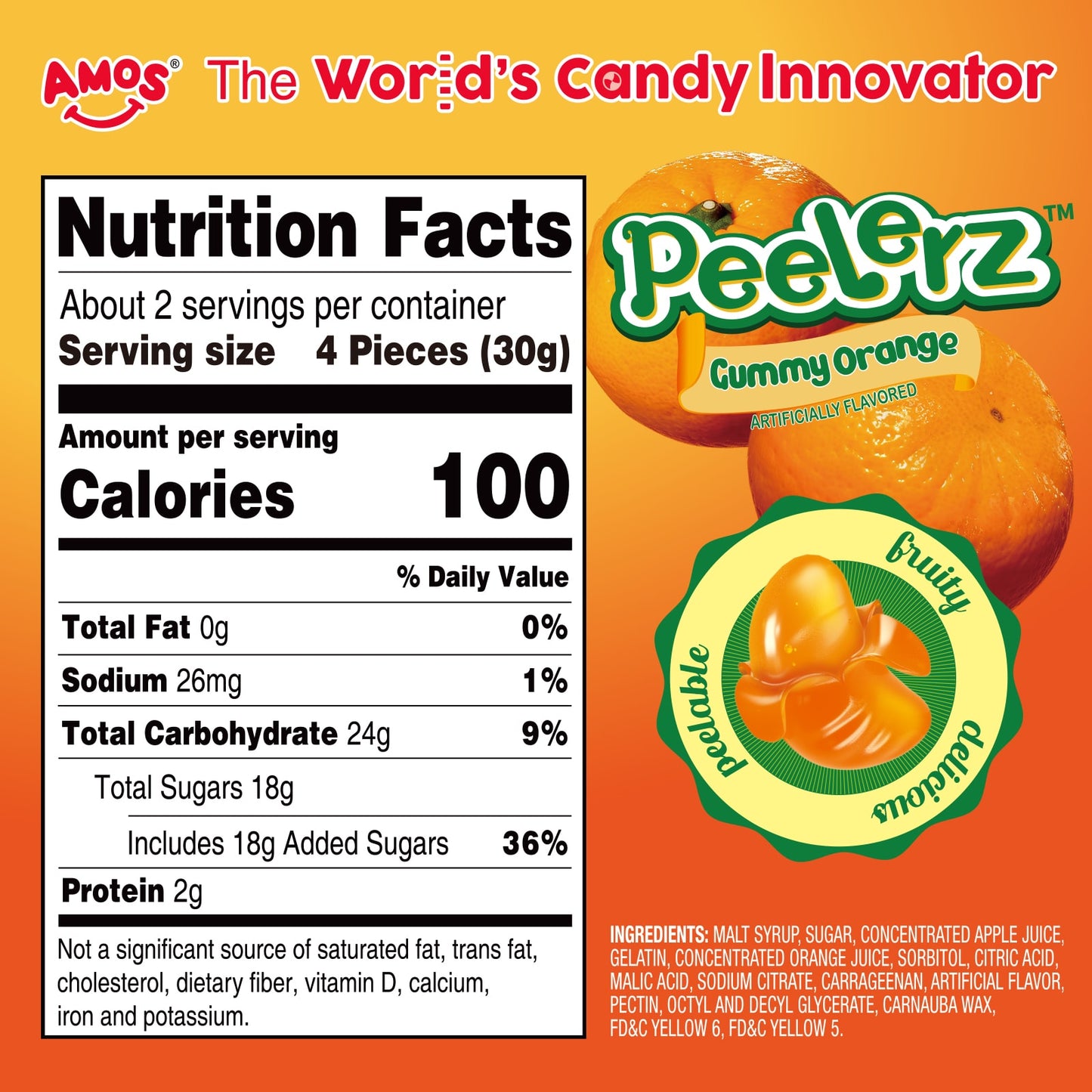 Amos 4D Gummy Peelable Orange Candy Peelerz Gummy Orange Fruit Snacks Resealable 2.19oz Bag