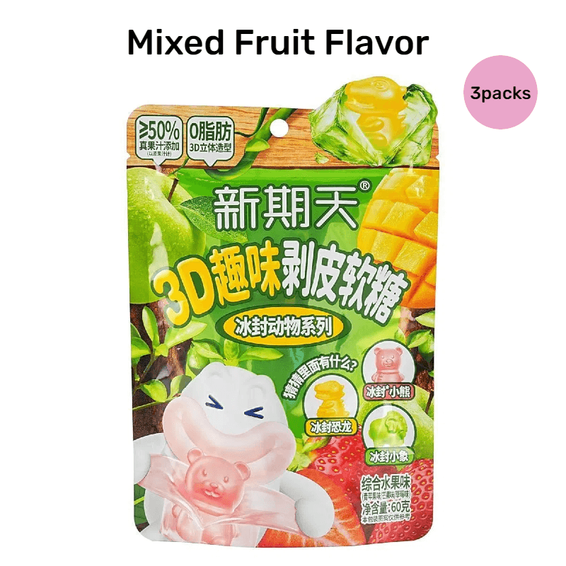 [6packs]3D Fun Peelable  Jelly Gummy Candy, Christmas Candy, Mixed Fruit Flavor/3bags+Fruit Soda Flavor/3bags, 0 Fat, 12