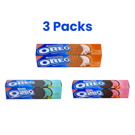 [3 Packs]Oreos Sandwich Cookies, Cinnamon Bun Flavor+Strawberry Cream Flavor+Mint Choco Flavor, 2.82oz/Pack