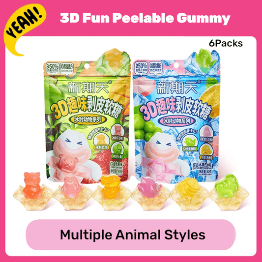 [6packs]3D Fun Peelable  Jelly Gummy Candy, Christmas Candy, Mixed Fruit Flavor/3bags+Fruit Soda Flavor/3bags, 0 Fat, 12