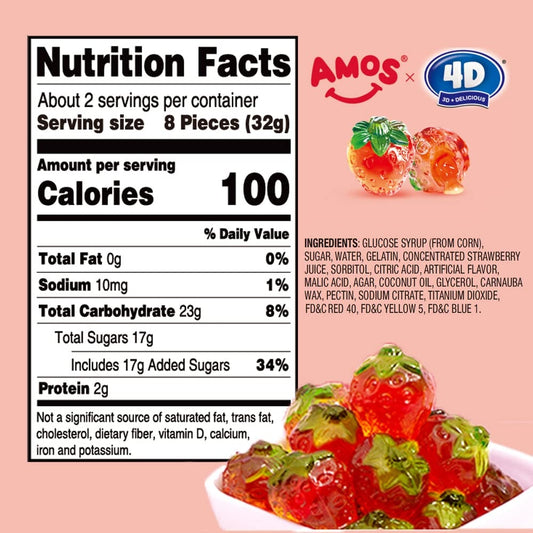 Amos 4D Gummy Strawberry Candy Fruit Snacks Gummies Soft and Chewy Cupcake Topper 2.29Oz Per Bag