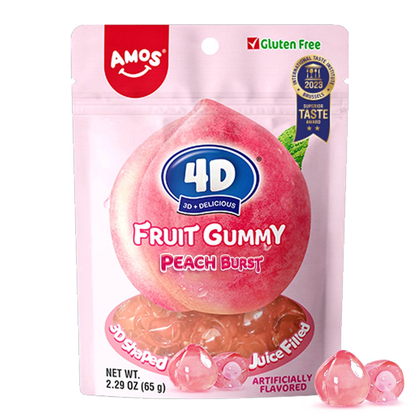 Amos 4D Gummy Fruit Filled Candy Fruit Snacks Peach Flavor Soft and Chewy Gluten Free 2.29Oz Per Bag