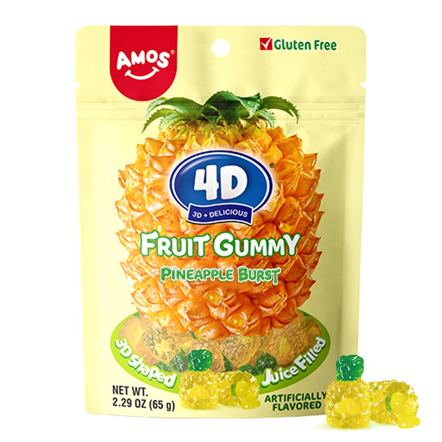 Amos 4D Gummy Fruit Filled Candy Fruit Snacks Peach Flavor Soft and Chewy Gluten Free 2.29Oz Per Bag