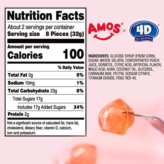 Amos 4D Gummy Fruit Filled Candy Fruit Snacks Peach Flavor Soft and Chewy Gluten Free 2.29Oz Per Bag