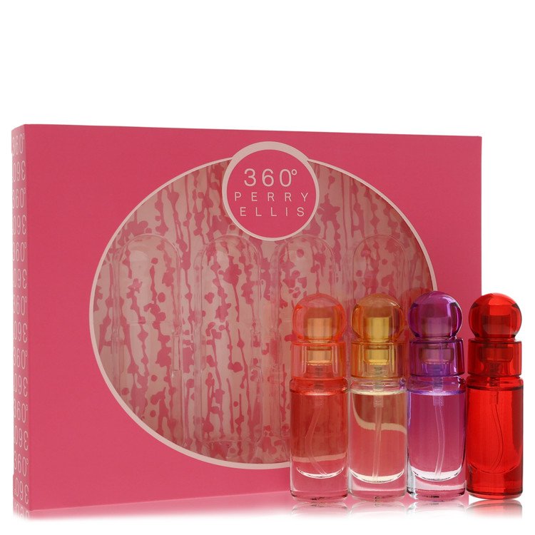 Perry Ellis 360 Gift Set - Four piece Travel Gift Set Includes .25 oz Mini Eau De Parfum Spray of each. 360 Coral, 360 For Women, 360 Purple, 360 Red. By Perry Ellis