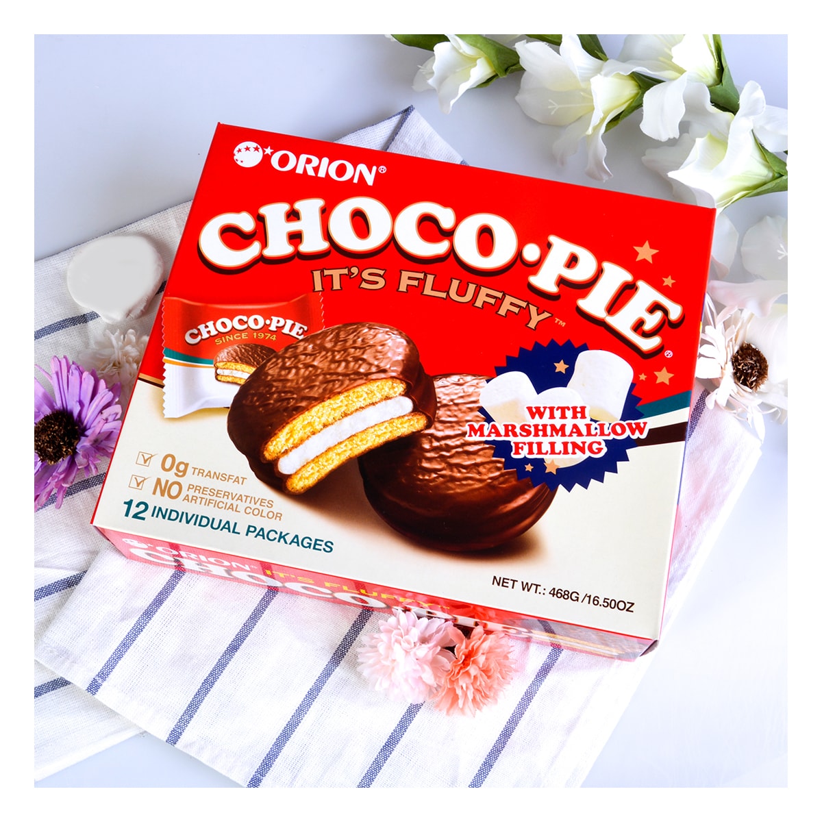 Choco Pie with Fluffy Marshmallow Filling - Korean Dessert, 12 Pieces, 16.5oz