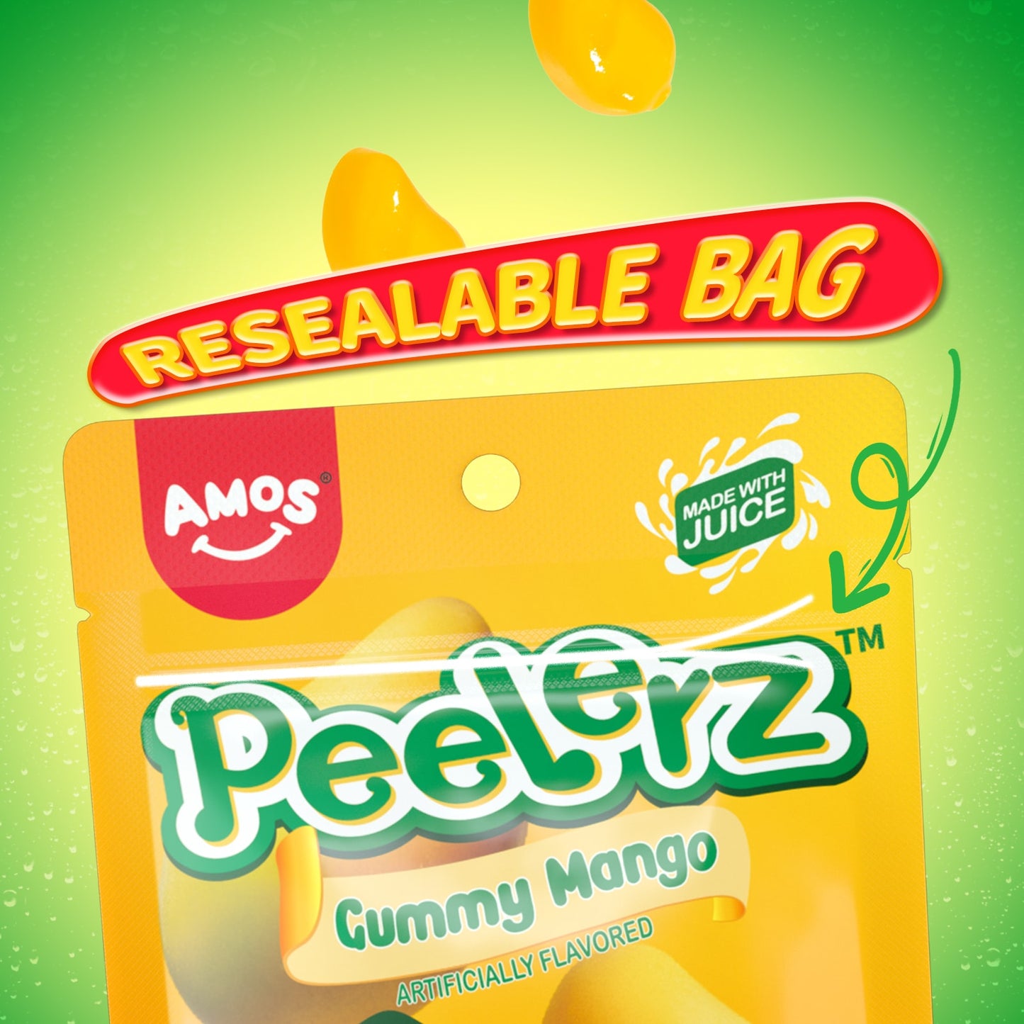 Amos Peelable Mango Candy Peelerz Gummy Mango Peeling CandyResealable 2.19oz Bag (Pack of 3)