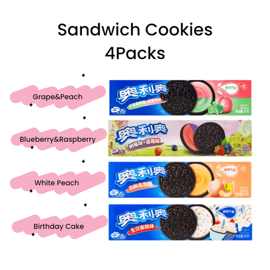 [4Packs]Oreo Chocolate Sandwich Cookies, Grape&Peach/Blueberry&Raspberry/White Peach/Birthday Cake, 3.42oz/Pack